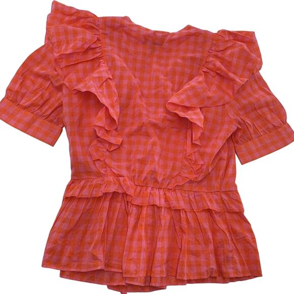 J.Crew Shirt Womens XS Pink Orange Gingham Wrap Ruffle Tie Waist Peplum AW940 - Picture 4 of 10